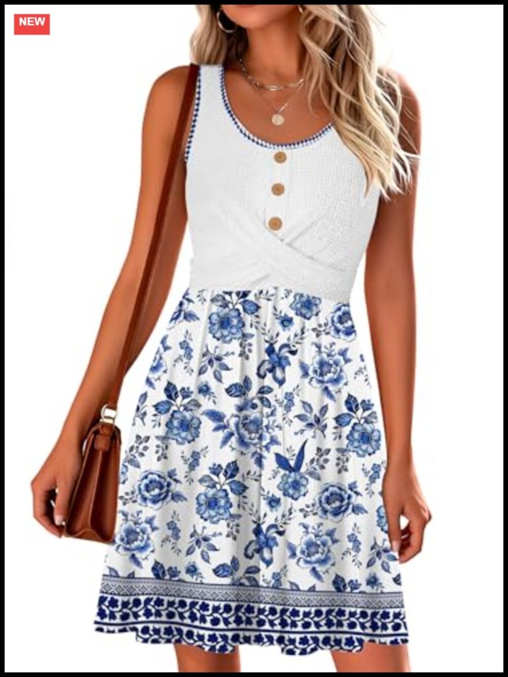 Waffle Twist Front Sundress Sleeveless Floral Fit Flare Summer Dress